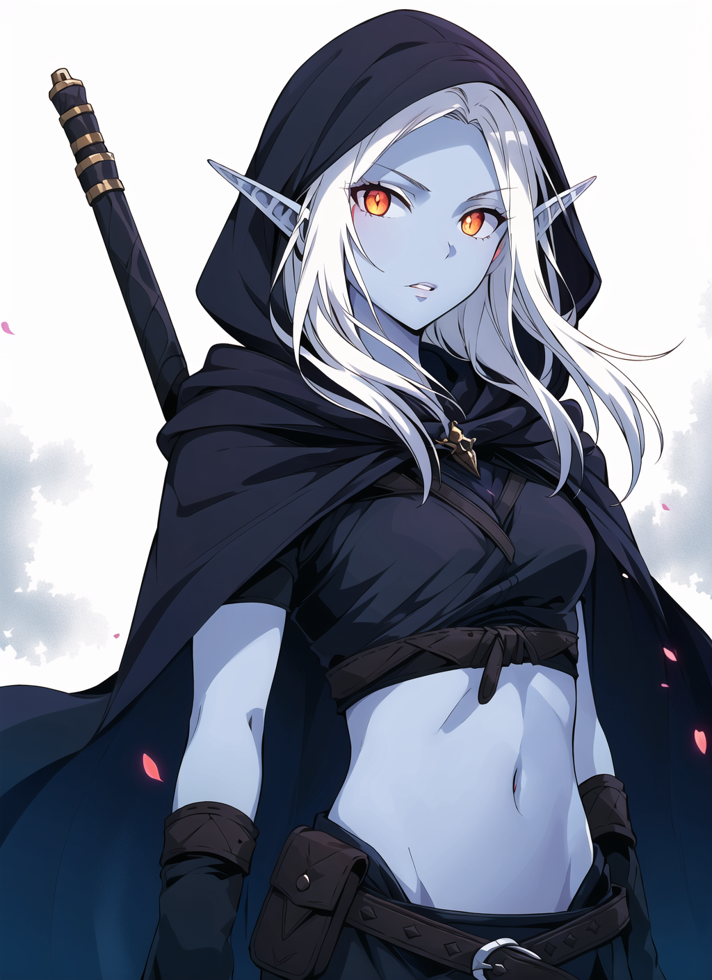11072185-1650465300-drow, female, pointy ears, solo, elf, navel, hood, colored skin, midriff, looking at viewer, long hair, cloak, dark elf, breasts.png